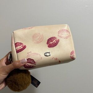 Coach Beige and Red Lip Print Cosmetic Bag